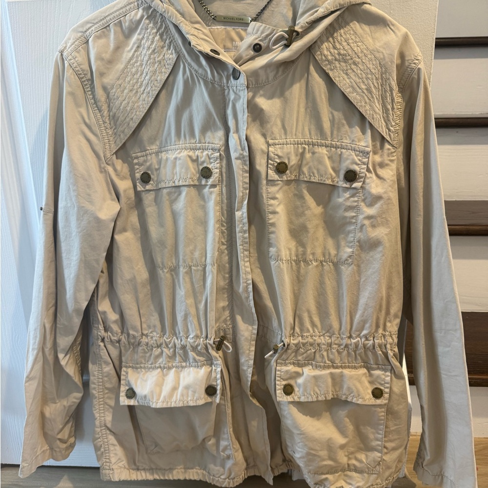 Michael Kors Beige Hooded utility Jacket with Pockets